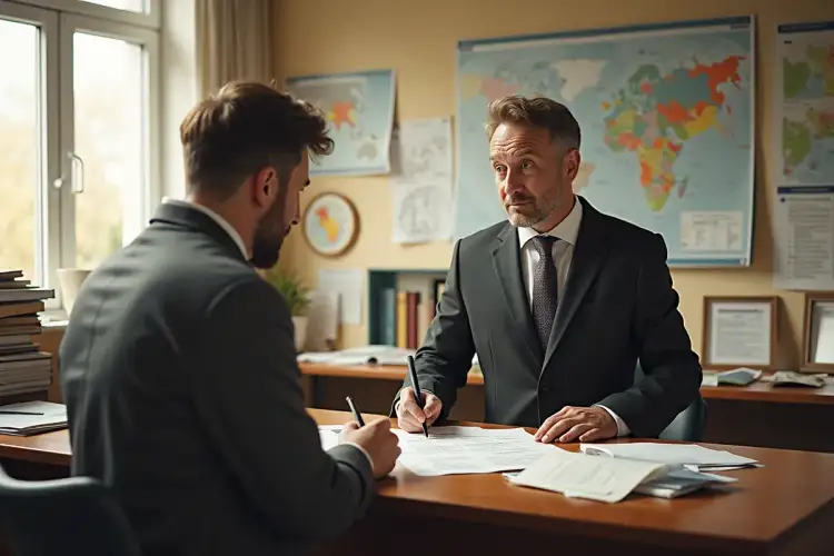 Dwóch mężczyzn w garniturach przy biurku podpisuje dokumenty. Jeden z nich wyjaśnia, jak znaleźć właściciela działki.