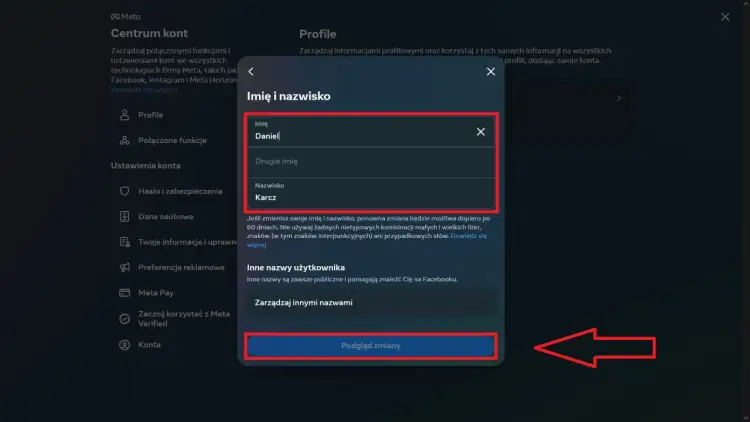 Okno dialogowe z polami do wpisania imienia i nazwiska, pokazujące jak zmienić nazwę profilu na FB.