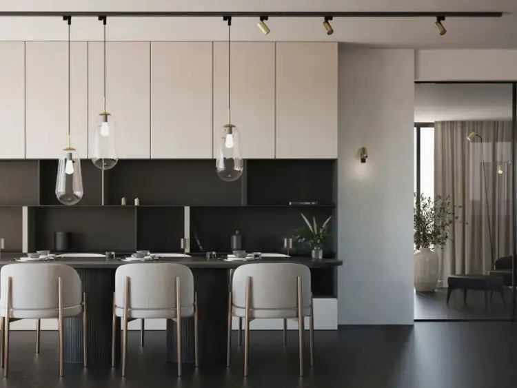 Nowodvorski lampy szynowe nad stołem w jadalni. Eleganckie, nowoczesne wnętrze z minimalistycznymi meblami i dekoracjami.