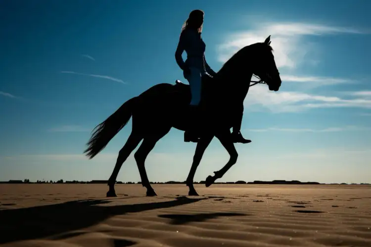 Jeździec w bryczesach na koniu galopuje po piaszczystej plaży na tle błękitnego nieba.