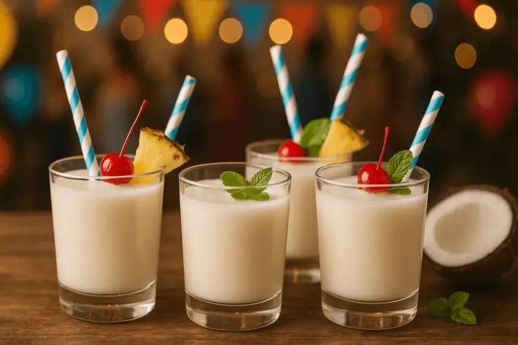 Cztery orzeźwiające drinki z Malibu, udekorowane ananasem i wiśnią. Idealne na letnie przyjęcie, pokazują jak zrobić drinka z malibu.