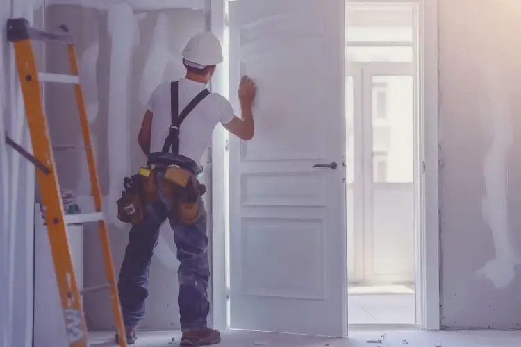 Budowlaniec w kasku montuje białe drzwi, obok stoi drabina. Zastanawiam się, ile pianki na jedne drzwi potrzeba do idealnego montażu.
