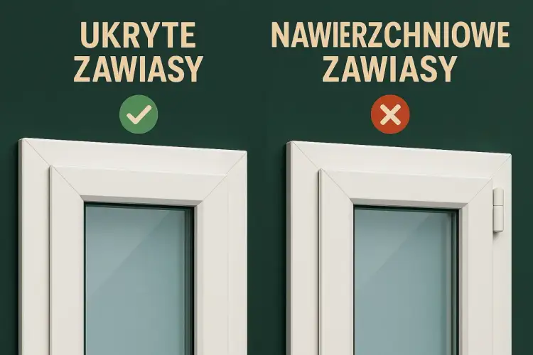 Porównanie okien: po lewej ukryte zawiasy, po prawej widoczne, nawierzchniowe. Wybierz estetykę i funkcjonalność!