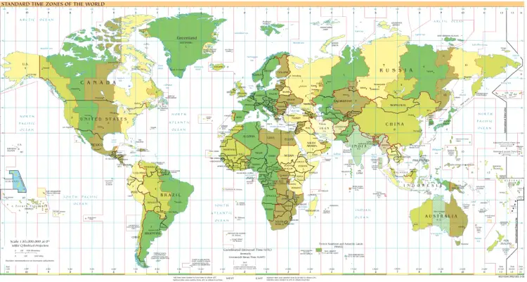 Mapa świata ze strefami czasowymi. Widać USA, Kanadę, Europę, Azję i Australię. Warto sprawdzić, kiedy zmiana czasu w Nowym Jorku.