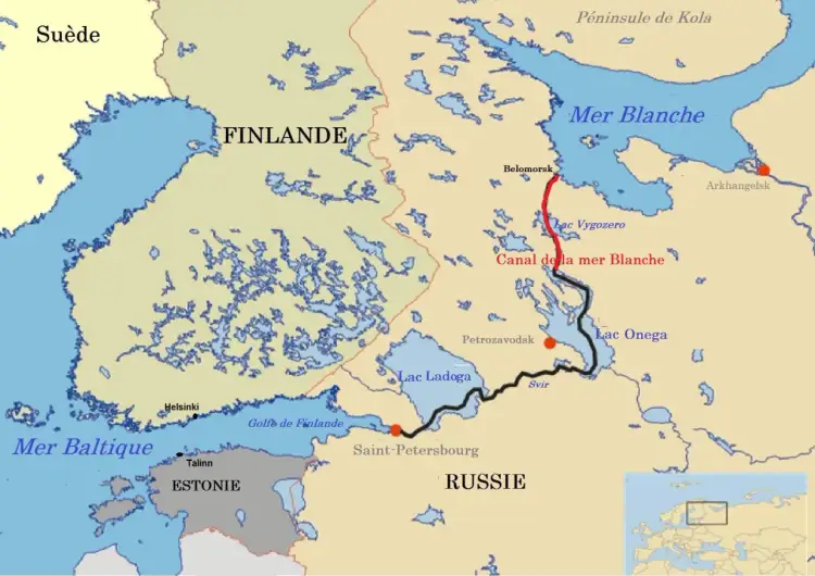 Mapa północno-wschodniej Europy z zaznaczonymi Finlandią, Estonią, Rosją, Morzem Bałtyckim i Morzem Białym. Widoczny Kanał Morza Białego.