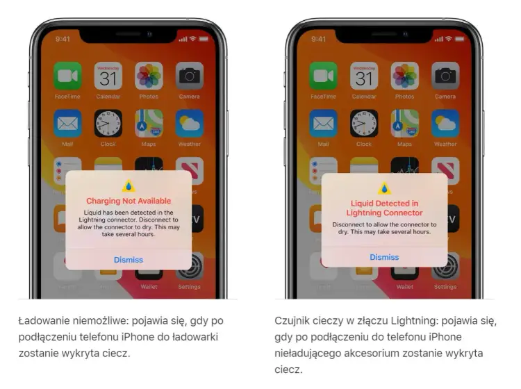 Dwa iPhone'y z powiadomieniem: "Wykryto ciecz w złączu Lightning". iPhone nie ładuje się, dopóki złącze nie wyschnie.