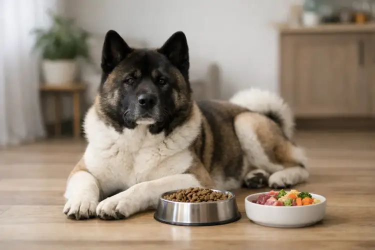Akita leży obok misek z suchą karmą i świeżym jedzeniem. Zastanawia się, co lubi jeść akita: mięso czy chrupki?