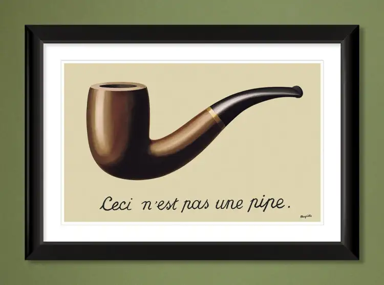 Obraz przedstawia realistycznie namalowaną fajkę, ale napis głosi: "to nie jest fajka".