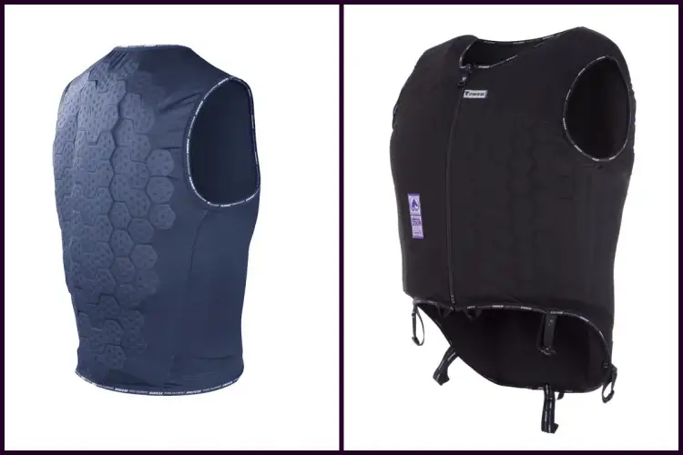 Kamizelki ochronne, niezbędne akcesoria do jazdy konnej dla dzieci, w kolorze granatowym i czarnym, z ochraniaczami.