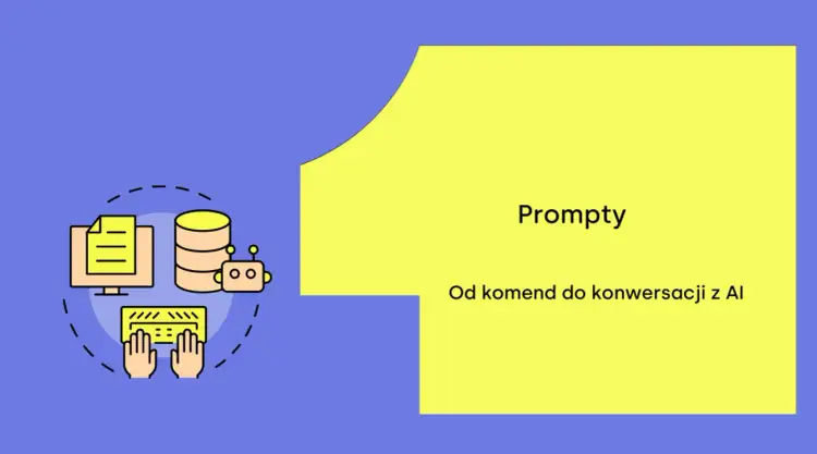 Ilustracja pokazuje, jak zadać pytanie sztucznej inteligencji. Ikony komputera, baz danych i klawiatury symbolizują proces tworzenia promptów.