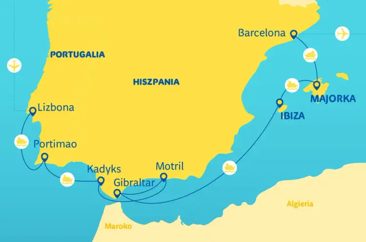 Mapa pokazuje, że Hiszpania ma dostęp do oceanu, z zaznaczonymi portami jak Barcelona, Ibiza, Majorka, Kadyks i Gibraltar.