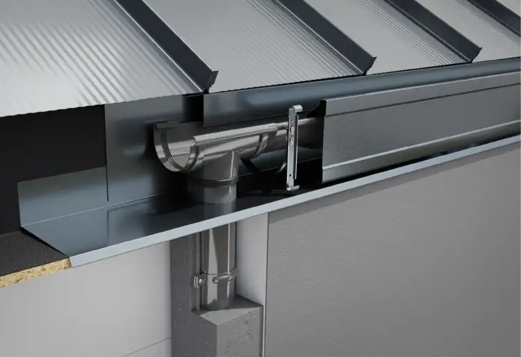 Przekrój ukrytej rynny dachowej z odpływem i elementami mocującymi.