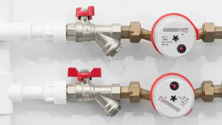 Dwa wodomierze z czerwonymi zaworami, pokazujące zużycie wody. Pomagają monitorować średnie zużycie wody na osobę.