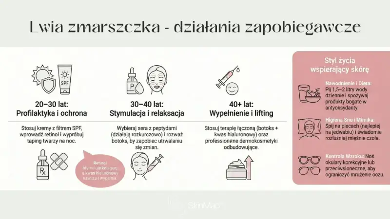 Domowe sposoby na lwia zmarszczka: od profilaktyki w wieku 20-30 lat, przez stymulację peptydami w wieku 30-40 lat, po wypełnienie kwasem hialuronowym po 40.