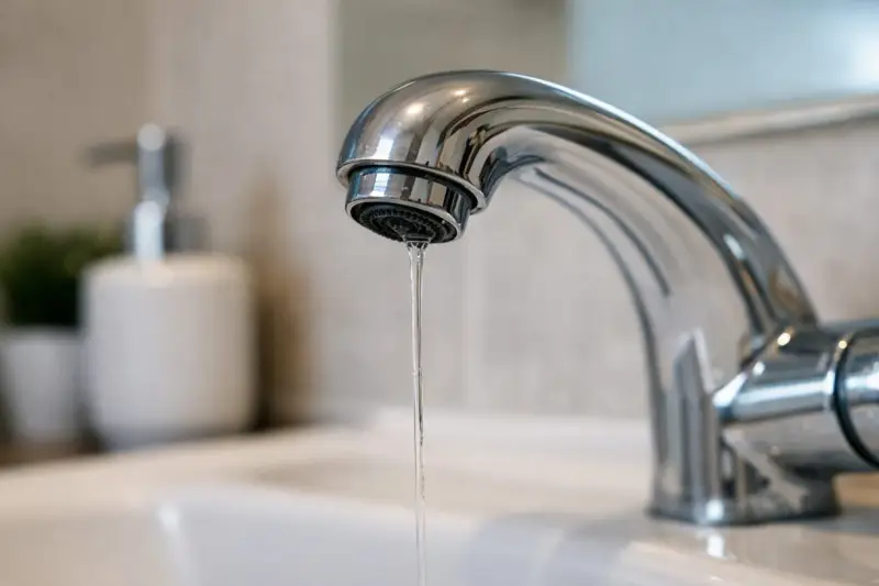Un rubinetto cromato gocciola, un filo d'acqua che abbassa la pressione. Sullo sfondo, un dispenser di sapone e una pianta.