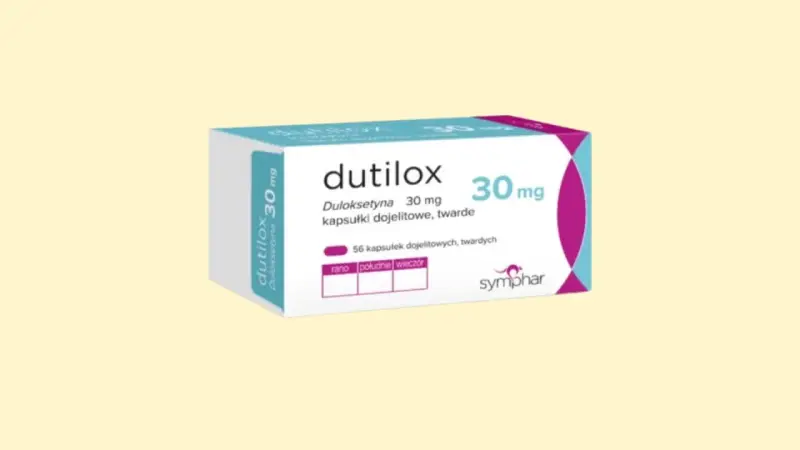 Opakowanie leku Dutilox 30 mg z duloksetyną, zawierające 56 kapsułek.