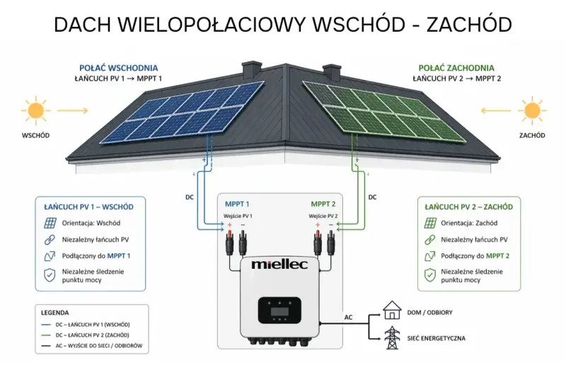 Schemat instalacji fotowoltaicznej na dachu dwuspadowym. Połać wschodnia i zachodnia z panelami PV podłączone do falownika Miellec.