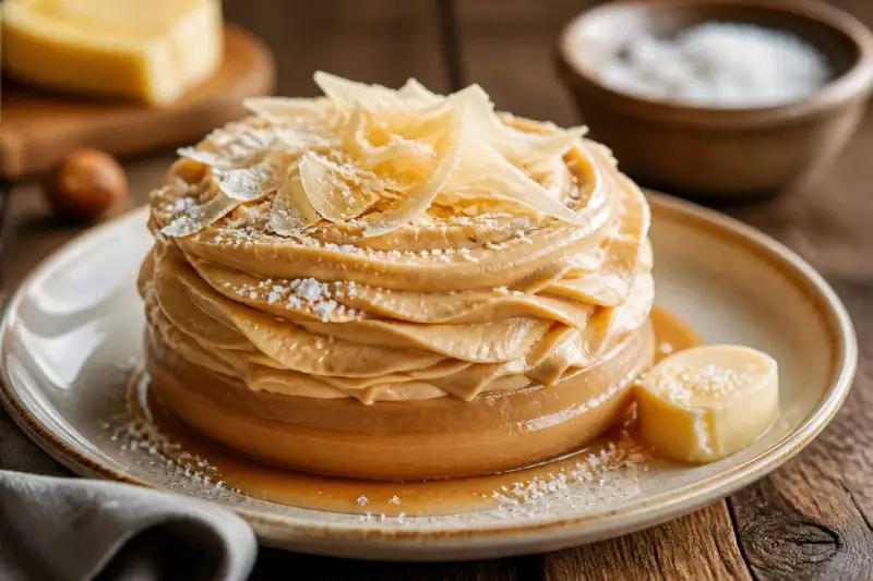 Gâteau crémeux avec chantilly chocolat blanc, garni de copeaux dorés et saupoudré de sucre glace. Un délice visuel et gustatif.