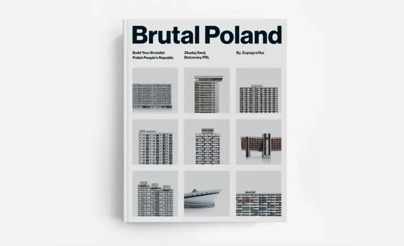 Okładka książki "Brutal Poland" z kolażem zdjęć betonowych budynków, prezentująca polski **brutalizm**.