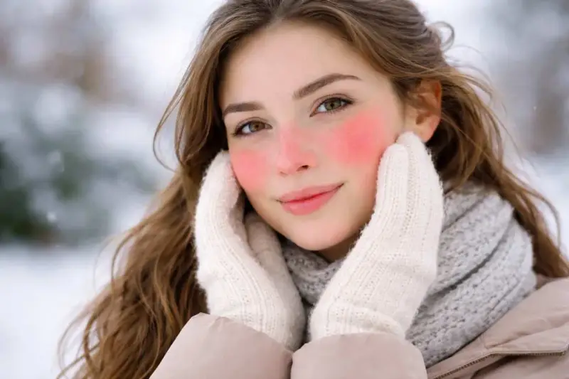 Ragazza con guance rosse per il freddo, mani coperte da guanti bianchi, sciarpa grigia e giacca beige. L'arrossamento della pelle è evidente.