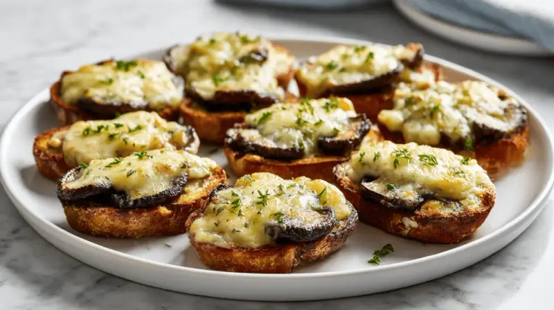 Chrupiące zapiekanki z airfryer z grzybami i ciągnącym serem, posypane ziołami. Idealna przekąska!