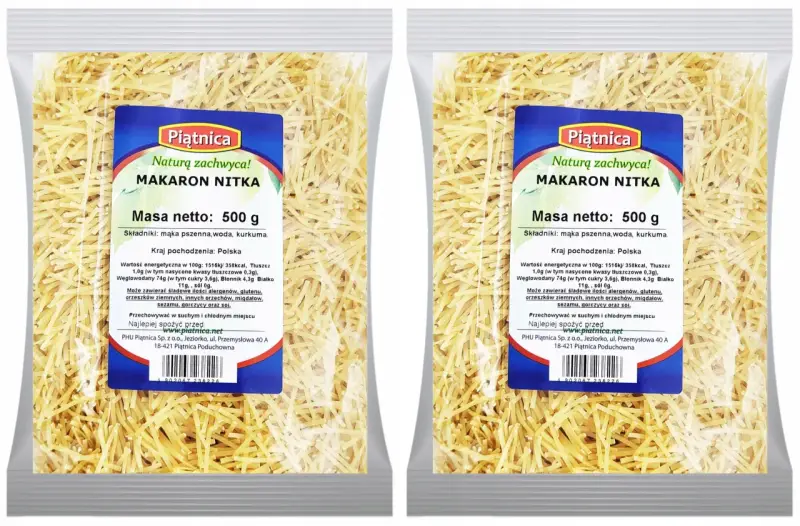 Dwa opakowania makaronu nitki Piątnica po 500g. Idealny do zup i sosów.