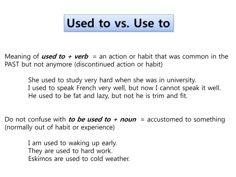 Wyjaśnienie "used to" (dawniej coś się robiło, ale już nie) i "to be used to" (być przyzwyczajonym do czegoś).