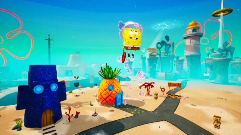 SpongeBob wesoło lata nad Bikini Dolnym, gotowy do kolejnych przygód w spongebob gry online.