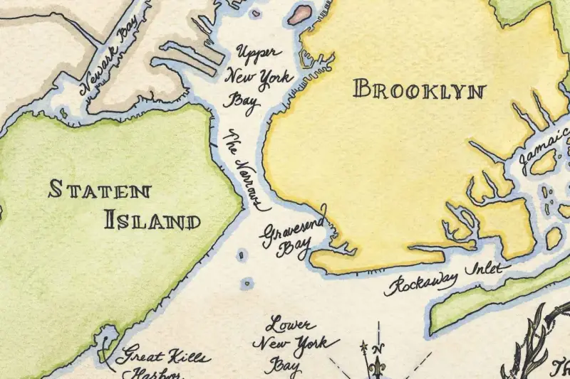 Mapa pokazuje, gdzie jest Nowy Jork: Staten Island, Brooklyn, Newark Bay i Upper New York Bay.