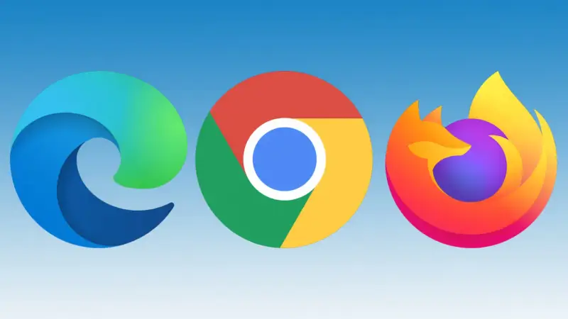 Trzy ikony przeglądarek: Edge, Chrome i Firefox. Każdy **explorer** oferuje unikalną podróż po internecie.