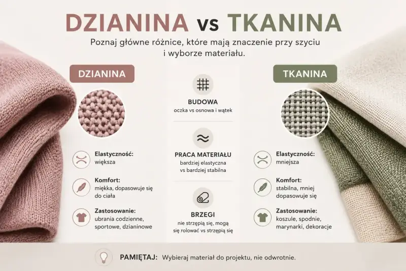 Dzianina vs tkanina: porównanie cech, budowy i zastosowań. Dzianina jest elastyczna, miękka i dopasowuje się do ciała.
