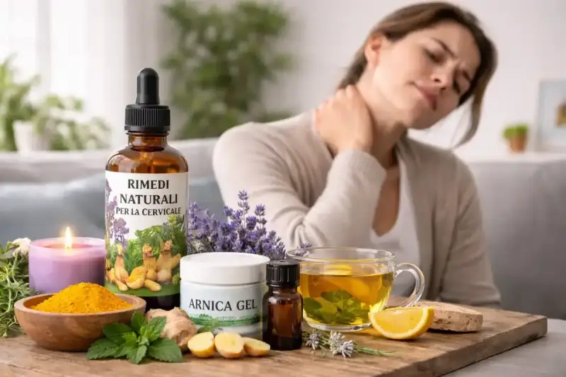 Donna con dolore al collo, circondata da rimedi naturali per il prurito al collo e rossore, tra cui arnica, zenzero e tisana.