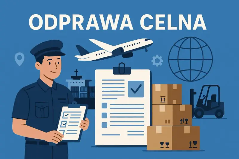 Uśmiechnięty agent celny z dokumentami, samolot, statek, globus, kartony i wózek widłowy symbolizują odprawę celną.