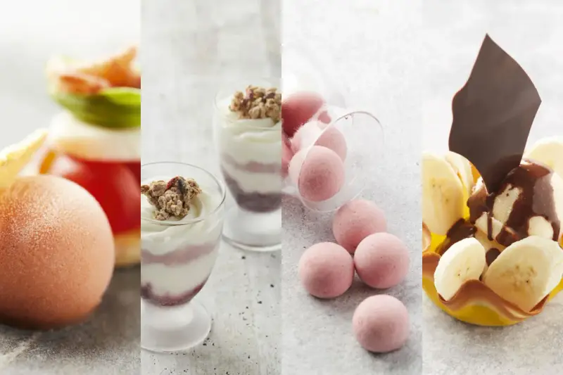 Une quenelle de glace rose pâle, des verrines de yaourt et granola, des boules roses et un dessert banane chocolat.