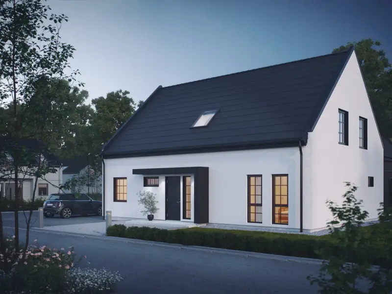 Modern vit villa med mörkt tak, perfekt inspiration framsida hus. En bil parkerad på uppfarten.