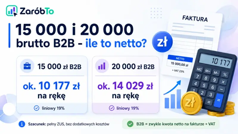 15 000 zł brutto B2B to ok. 10 177 zł netto na rękę. Kalkulator pokazuje, że netto to z podatkiem czy bez, zależy od formy opodatkowania.