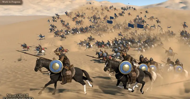 Wielka bitwa kawalerii w piaskach pustyni, jak w Mount & Blade 2. Żołnierze w zbrojach pędzą na koniach, niosąc włócznie i tarcze.
