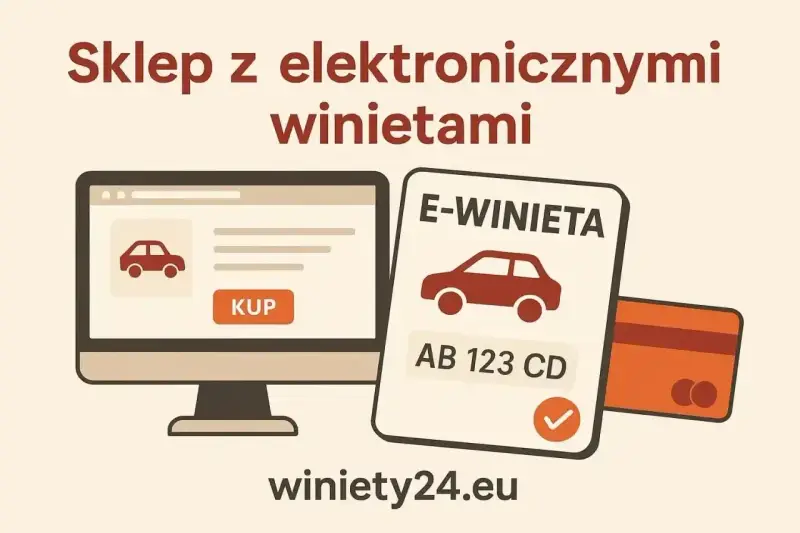 Kupuj elektroniczne winiety na Słowację online. Komputer z przyciskiem "KUP", e-winieta z numerem rejestracyjnym i karta płatnicza.