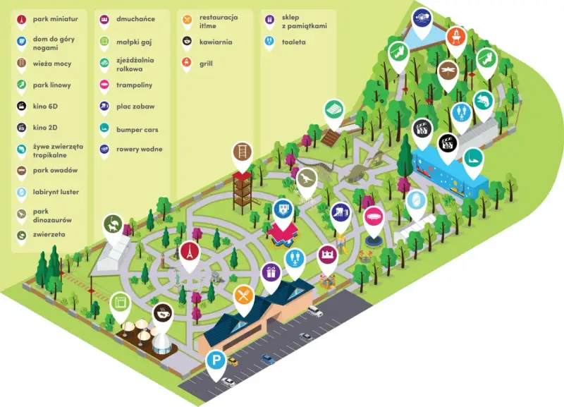 Mapa atrakcji w **Dream Park Ochaby**: park miniatur, park dinozaurów, kino 6D, dmuchańce, plac zabaw, restauracja i wiele innych.
