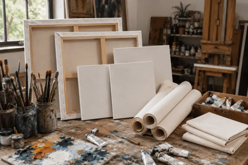 Un atelier d'artiste avec des toiles pour peindre, des pinceaux, des tubes de peinture et une palette.