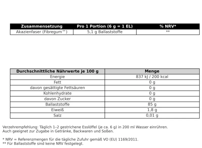 Nährwertangaben: Akazienfaser (Fibregum™) liefert 5,1g Ballaststoffe pro Portion. Die Wirkung von Akazienfaser ist die eines Ballaststofflieferanten.