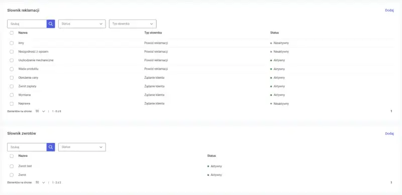 Zarządzanie reklamacjami w Zalando: lista powodów, statusy (aktywny/nieaktywny) i typy słownika. Możliwość dodania nowej pozycji.