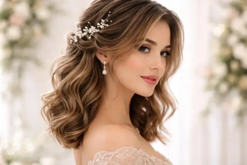 Une jeune femme aux cheveux mi-longs ondulés arbore une coiffure bohème ornée d'une délicate parure de perles et de cristaux.
