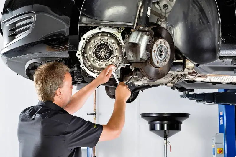 Mechanik pracuje przy skrzyni biegów, gdzie widoczny jest element dwumasy.