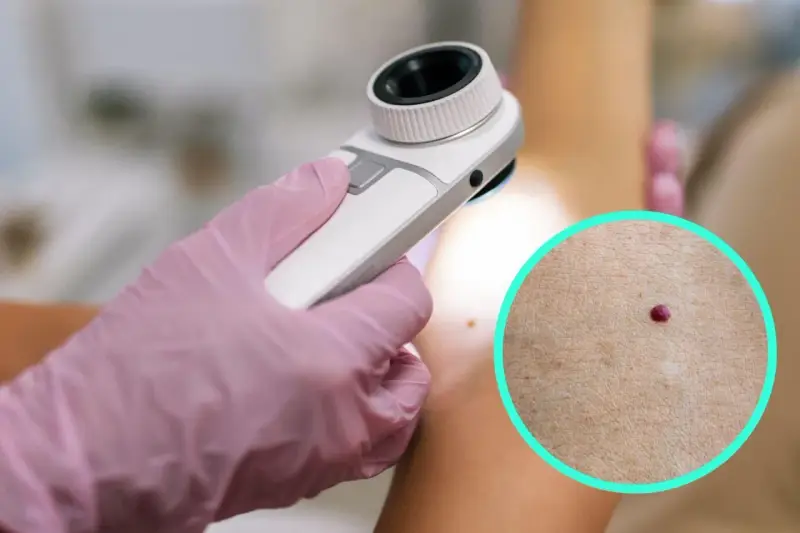 Dermatolog bada punkty rubinowe na skórze. Czerwone kropki na ciele mogą być powodem do niepokoju, ale często są niegroźne.