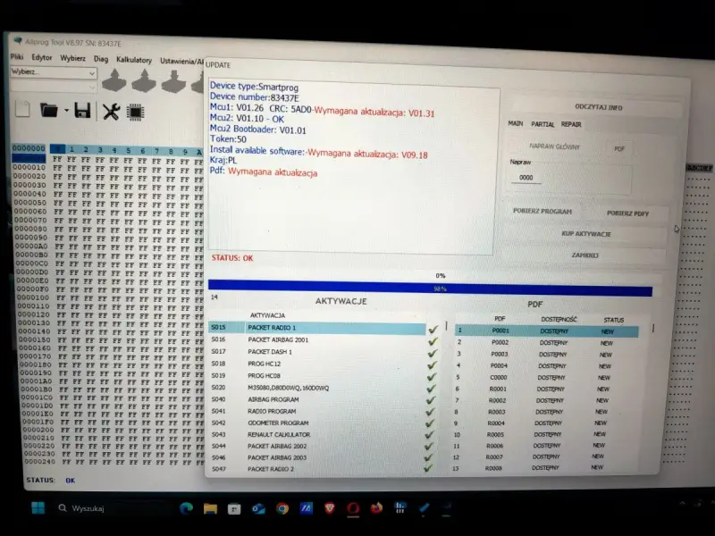 Program carprog2 wyświetla informacje o aktualizacji urządzenia i dostępnych modułach, takich jak "PACKET RADIO 1".