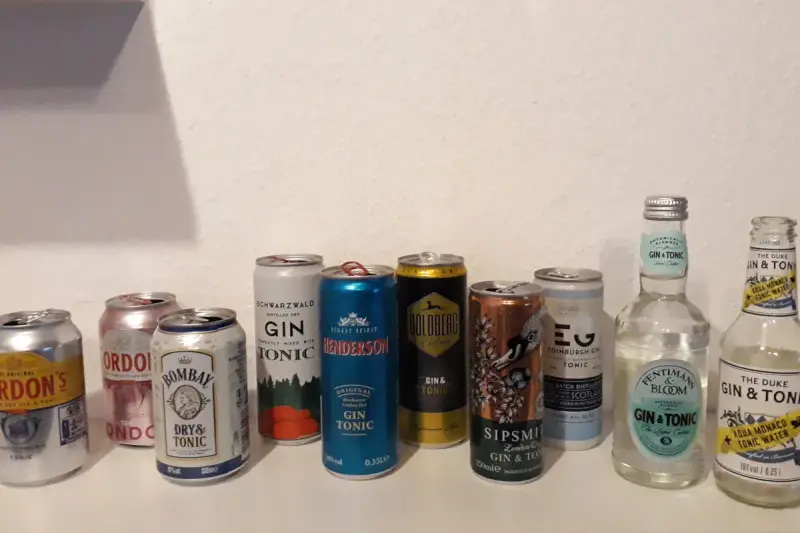 Eine Auswahl an Gin Tonic Dosen und Flaschen, bereit für einen entspannten Abend.