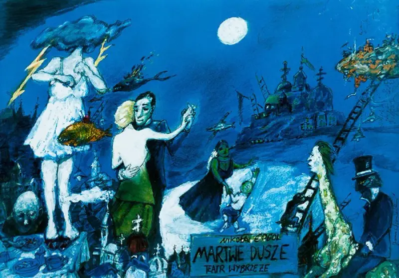 Tancerze, postać z chmurą i rybą, dziwne budowle i latające ryby tworzą surrealistyczną scenę. To plakat do spektaklu "Martwe dusze".