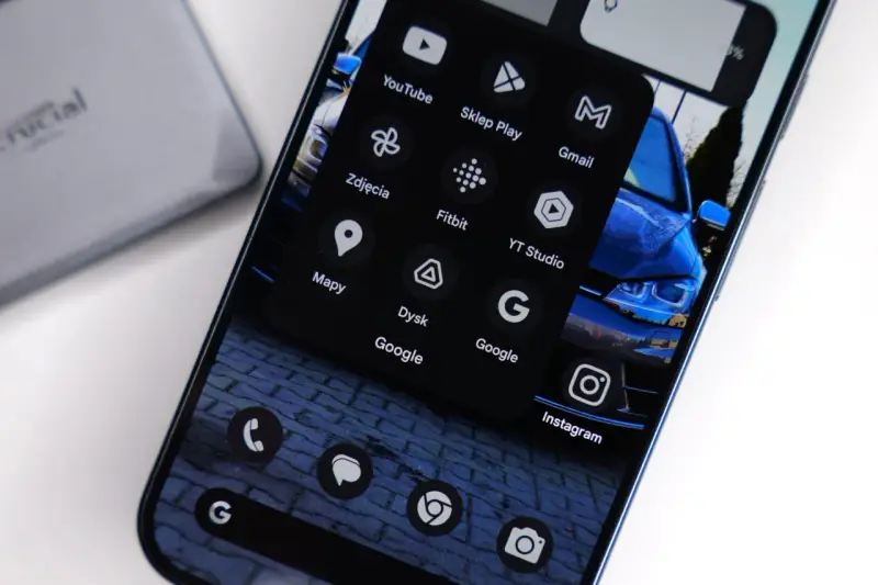 Na ekranie smartfona widać menu z ikonami aplikacji, w tym YouTube, Sklep Play, Gmail, Zdjęcia, Fitbit, Mapy, Dysk Google, Instagram. To przykład nowoczesnej sztuczna inteligencja aplikacja.
