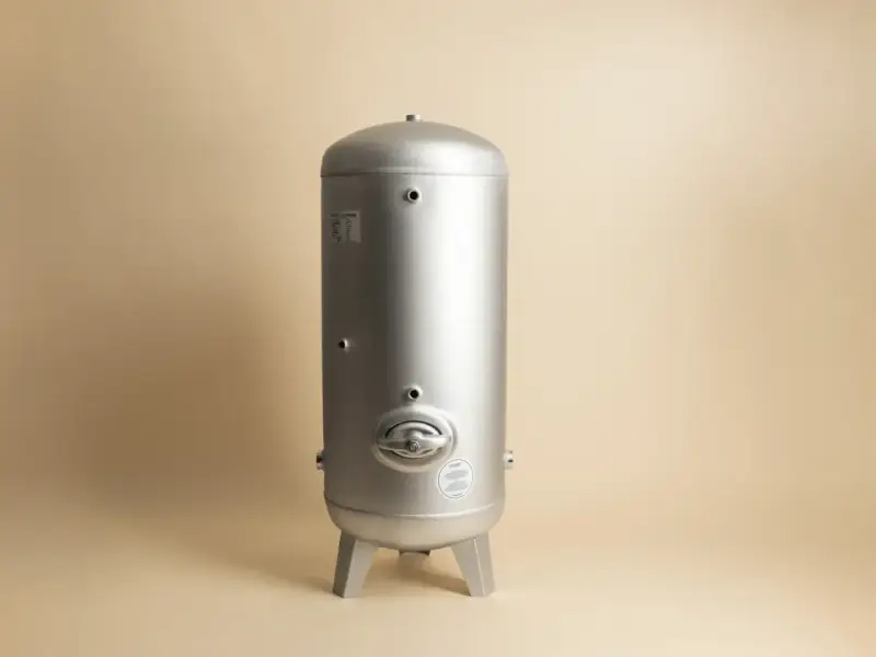 En silverfärgad hydrofor eller hydropress står på tre ben mot en ljusbeige bakgrund.